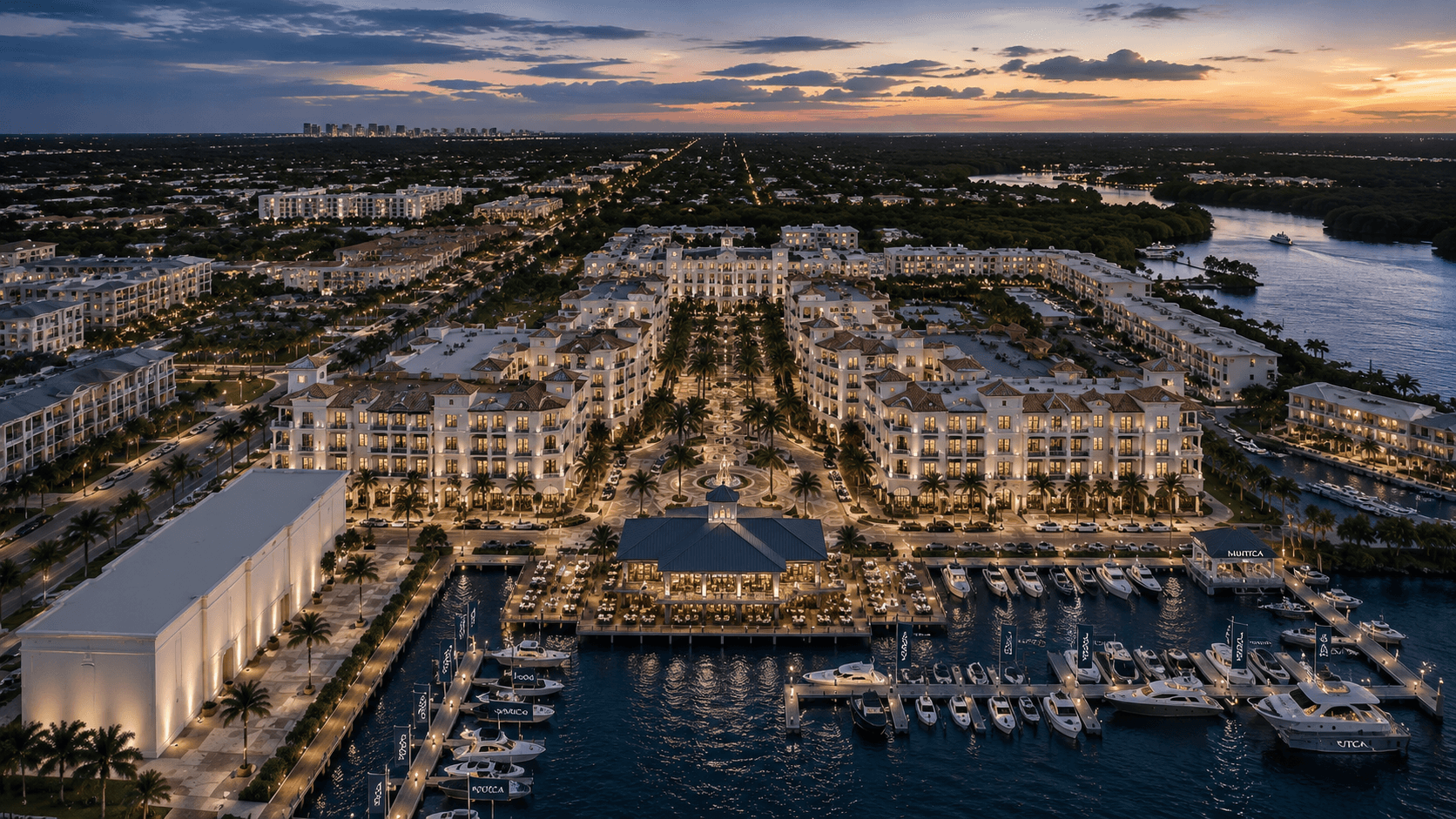 Conceptual rendering: aerial view of Bayfront and the marina at dusk
