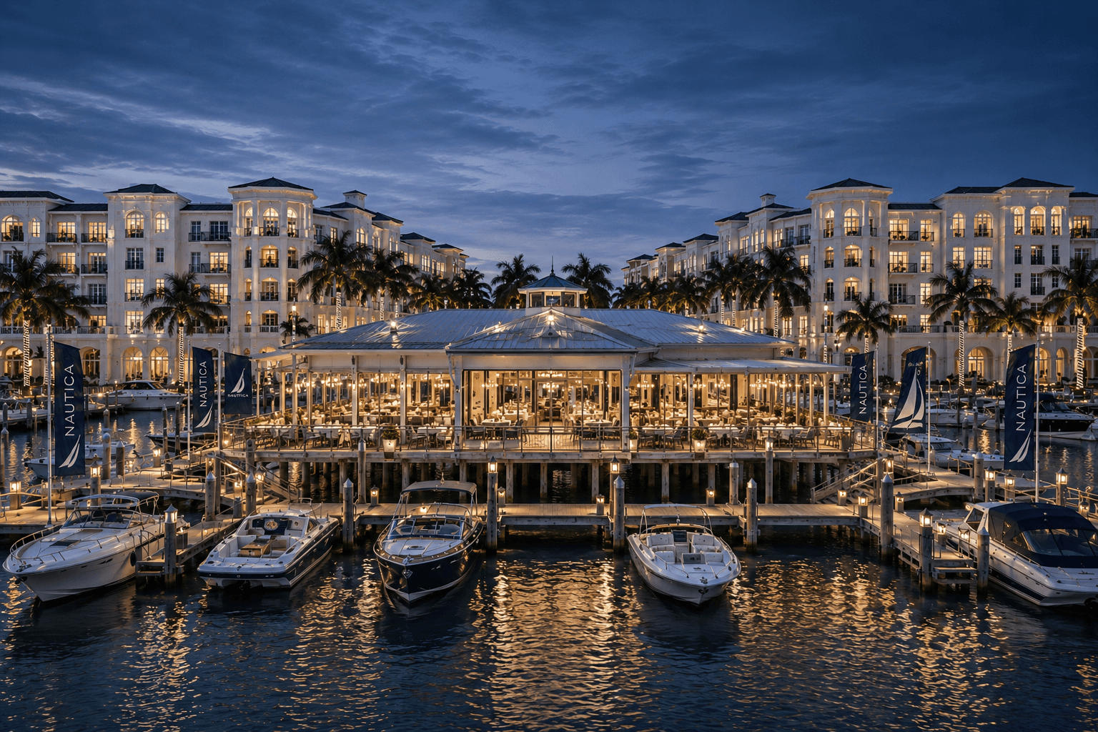 Conceptual rendering: the marina dining pavilion at dusk